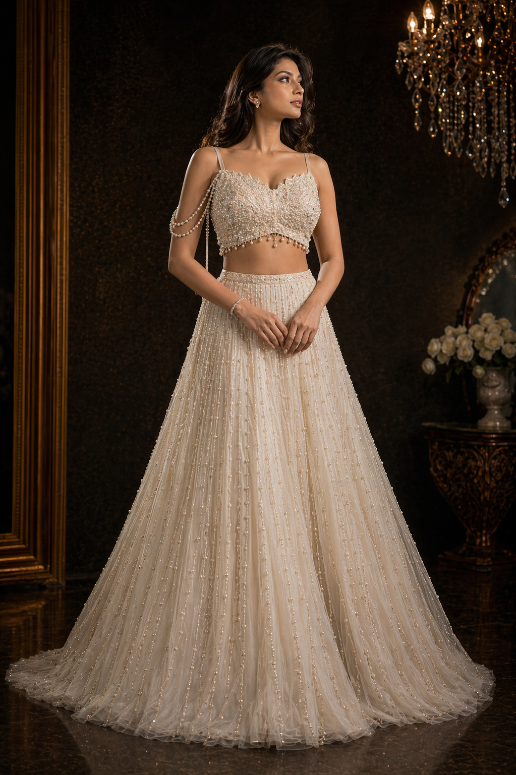 Ivory Pearl Embellished Lehenga Set with Sculpted Blouse