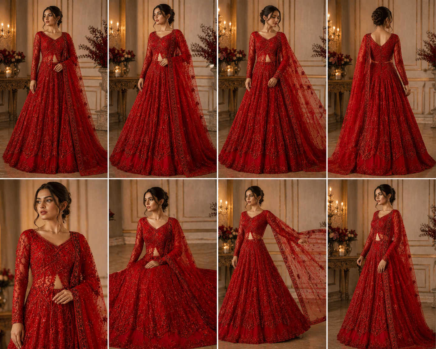 Crimson Red Heavily Embellished Lehenga Set with Sheer Dupatta