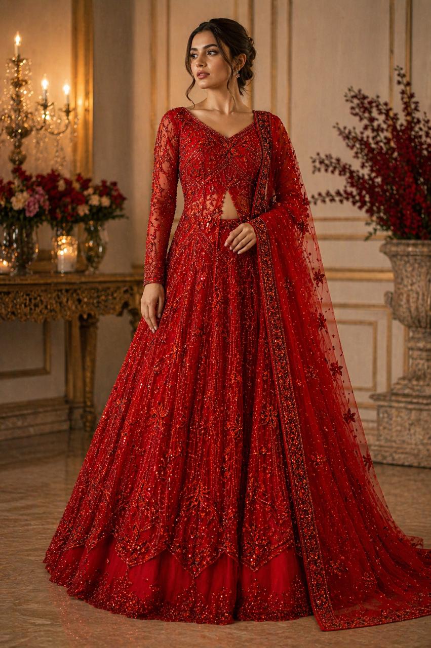 Crimson Red Heavily Embellished Lehenga Set with Sheer Dupatta