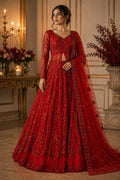 Crimson Red Heavily Embellished Lehenga Set with Sheer Dupatta